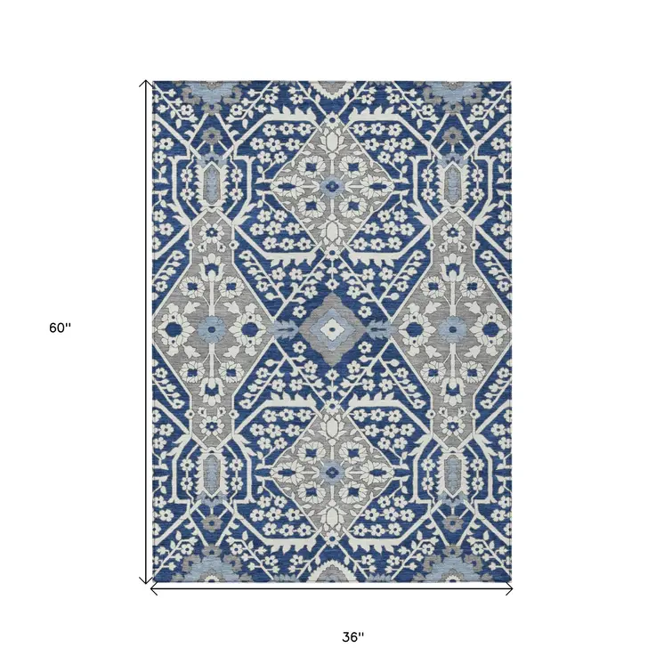 3' X 5' Navy Blue Gray And Ivory Floral Washable Indoor Outdoor Area Rug