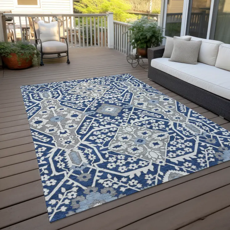 3' X 5' Navy Blue Gray And Ivory Floral Washable Indoor Outdoor Area Rug