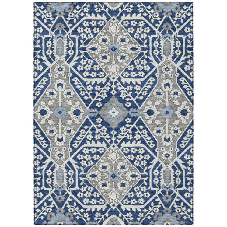3' X 5' Navy Blue Gray And Ivory Floral Washable Indoor Outdoor Area Rug