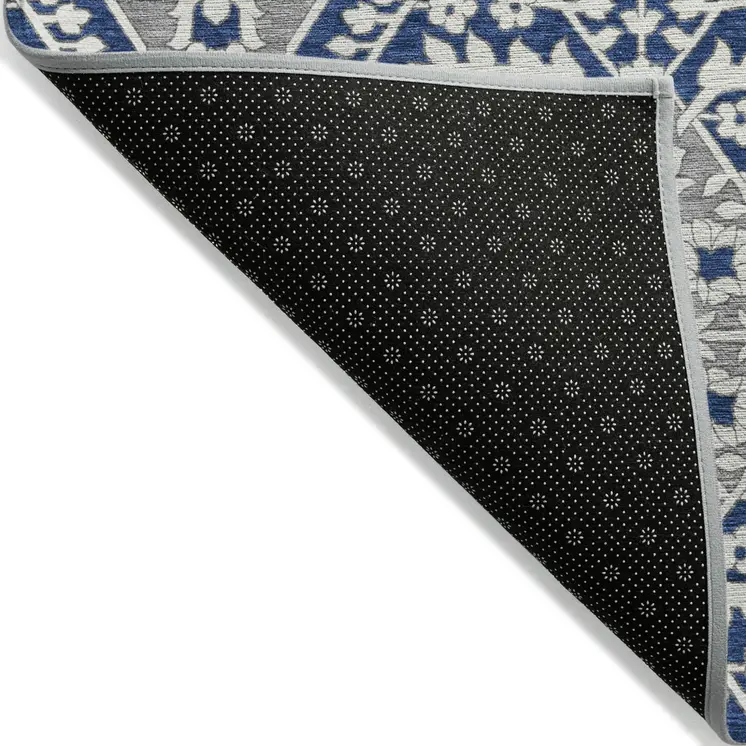 3' X 5' Navy Blue Gray And Ivory Floral Washable Indoor Outdoor Area Rug