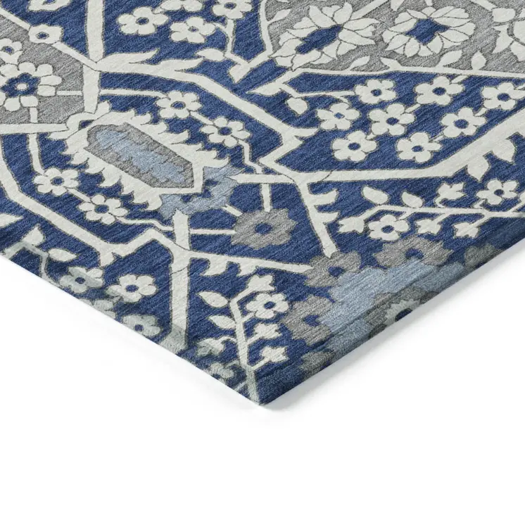 3' X 5' Navy Blue Gray And Ivory Floral Washable Indoor Outdoor Area Rug