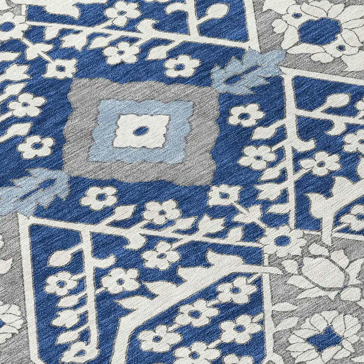 3' X 5' Navy Blue Gray And Ivory Floral Washable Indoor Outdoor Area Rug