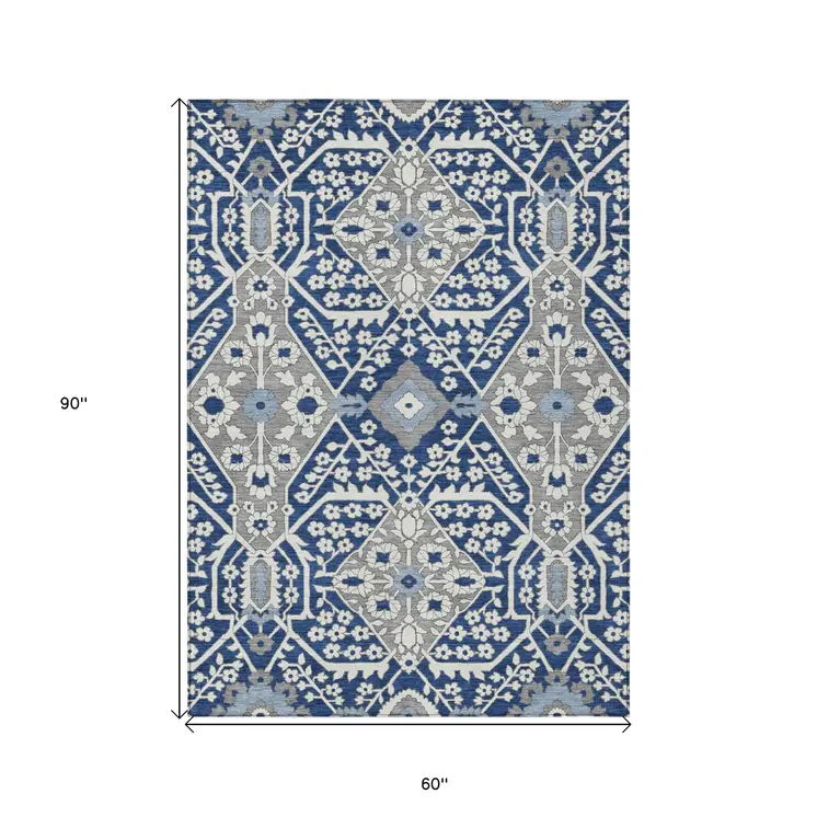 5' X 8' Navy Blue Gray And Ivory Floral Washable Indoor Outdoor Area Rug