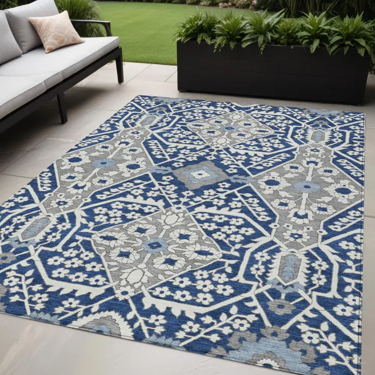 5' X 8' Navy Blue Gray And Ivory Floral Washable Indoor Outdoor Area Rug