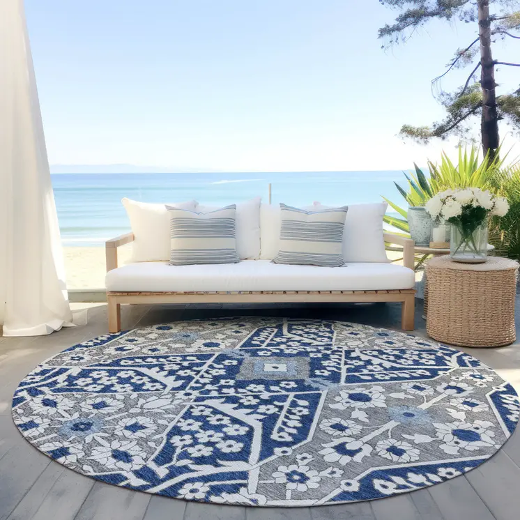 8' Navy Blue Gray And Ivory Round Floral Washable Indoor Outdoor Area Rug