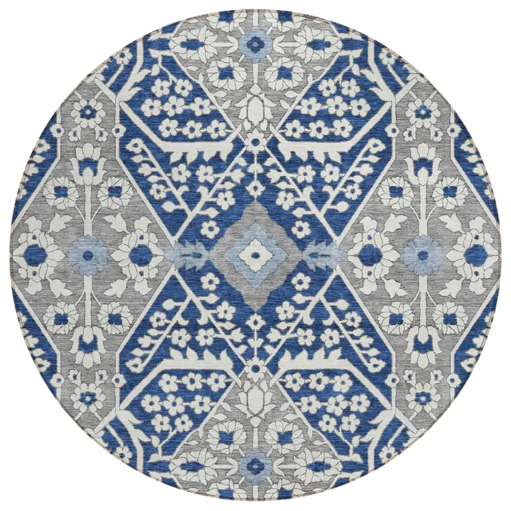 8' Navy Blue Gray And Ivory Round Floral Washable Indoor Outdoor Area Rug