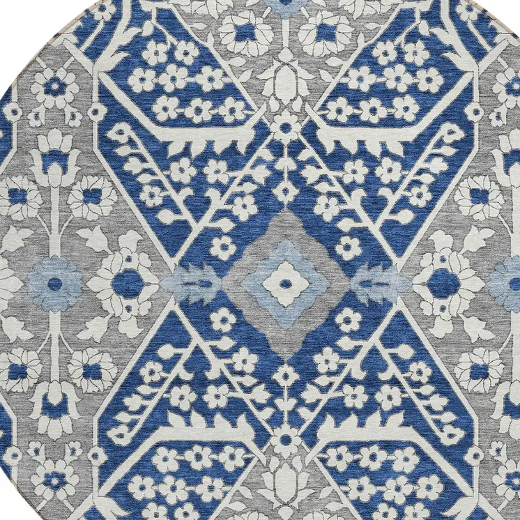 8' Navy Blue Gray And Ivory Round Floral Washable Indoor Outdoor Area Rug