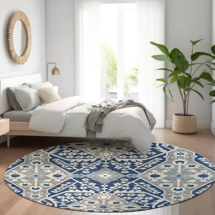 8' Navy Blue Gray And Ivory Round Floral Washable Indoor Outdoor Area Rug
