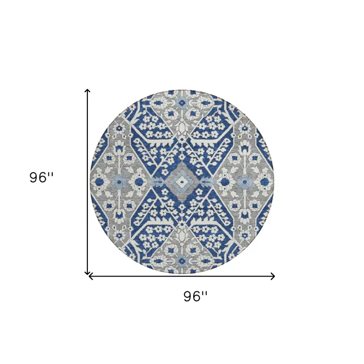 8' Navy Blue Gray And Ivory Round Floral Washable Indoor Outdoor Area Rug