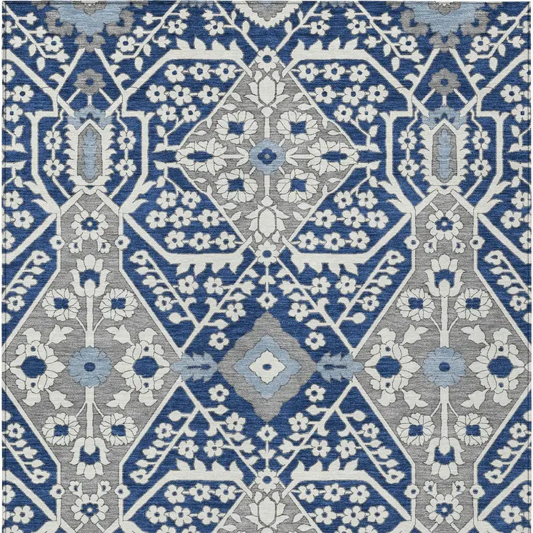 8' X 10' Navy Blue Gray And Ivory Floral Washable Indoor Outdoor Area Rug