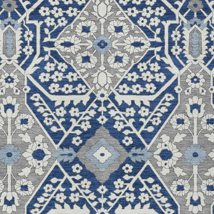 8' X 10' Navy Blue Gray And Ivory Floral Washable Indoor Outdoor Area Rug