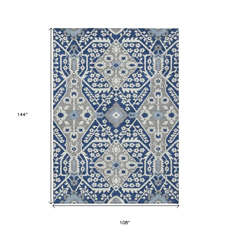 9' X 12' Navy Blue Gray And Ivory Floral Washable Indoor Outdoor Area Rug