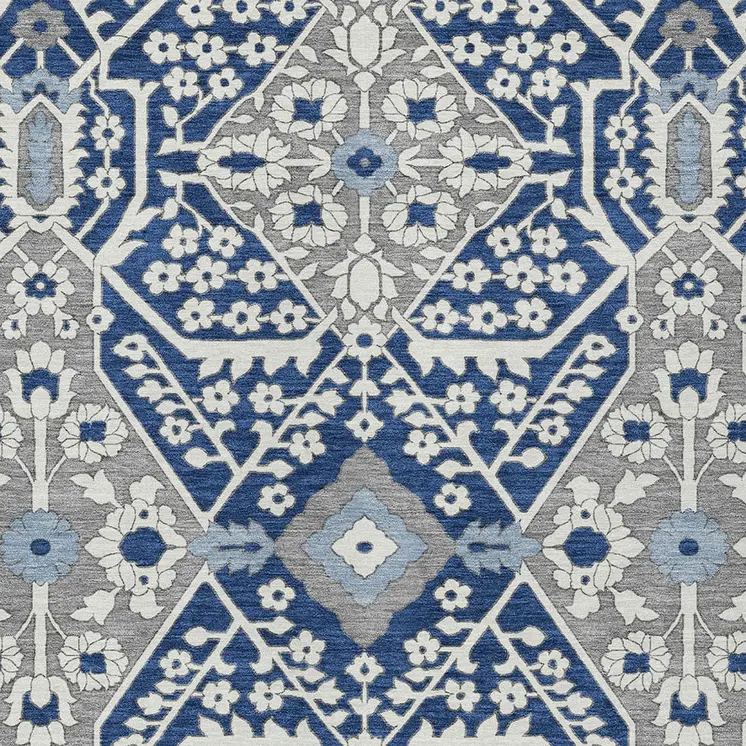 9' X 12' Navy Blue Gray And Ivory Floral Washable Indoor Outdoor Area Rug