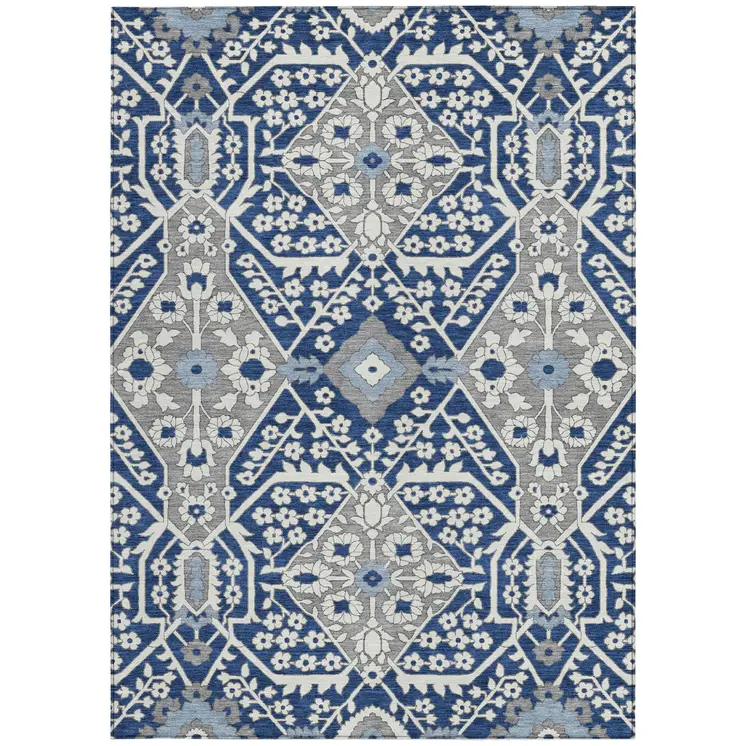 10' X 14' Navy Blue Gray And Ivory Floral Washable Indoor Outdoor Area Rug