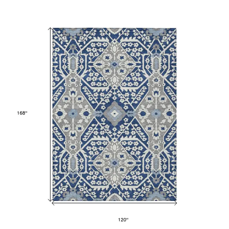 10' X 14' Navy Blue Gray And Ivory Floral Washable Indoor Outdoor Area Rug
