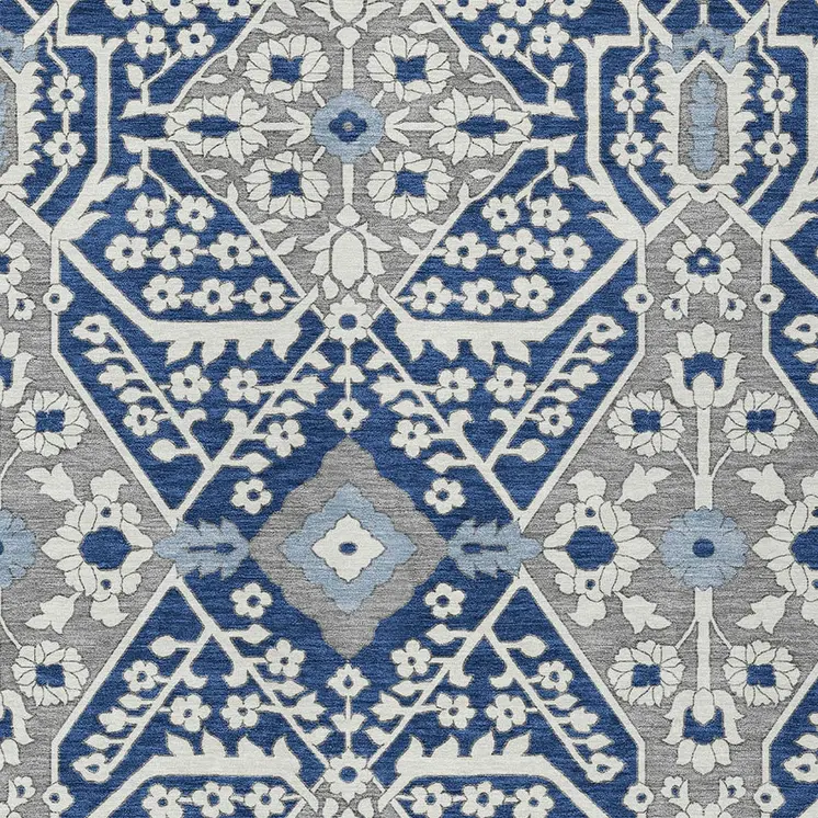 10' X 14' Navy Blue Gray And Ivory Floral Washable Indoor Outdoor Area Rug