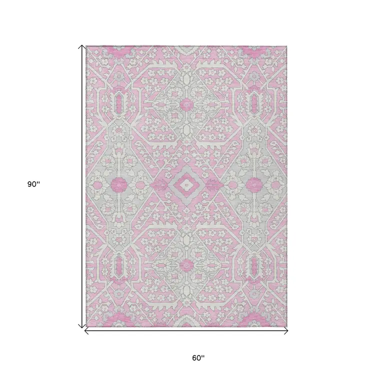 5' X 8' Pink Ivory And Gray Floral Washable Indoor Outdoor Area Rug