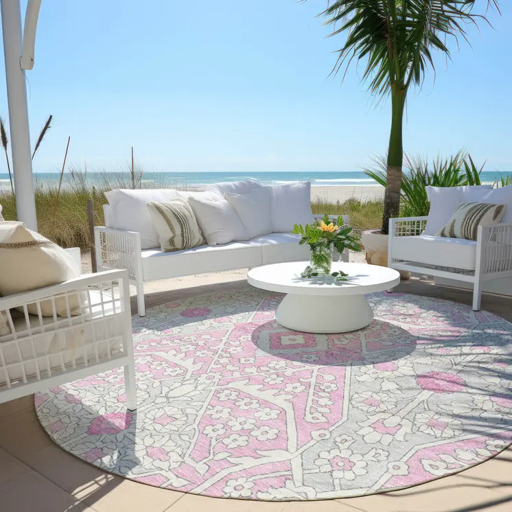 8' Pink Ivory And Gray Round Floral Washable Indoor Outdoor Area Rug
