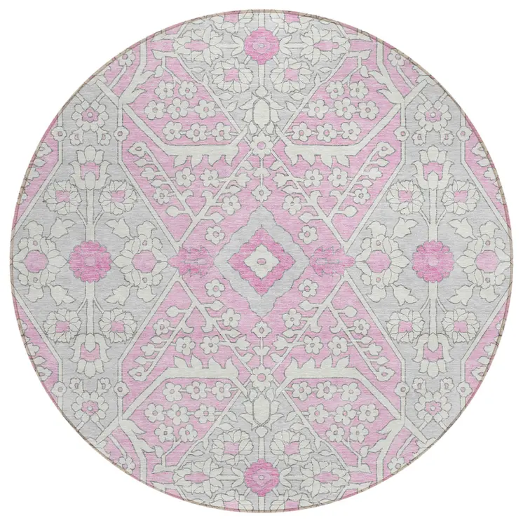 8' Pink Ivory And Gray Round Floral Washable Indoor Outdoor Area Rug