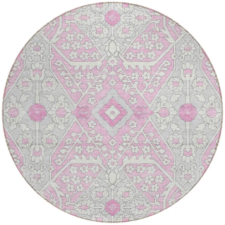 8' Pink Ivory And Gray Round Floral Washable Indoor Outdoor Area Rug
