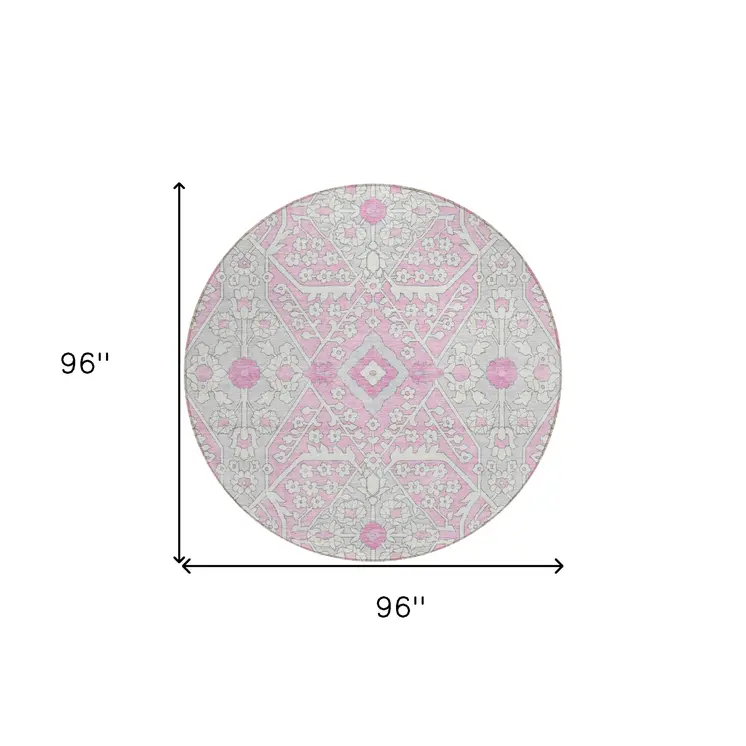 8' Pink Ivory And Gray Round Floral Washable Indoor Outdoor Area Rug