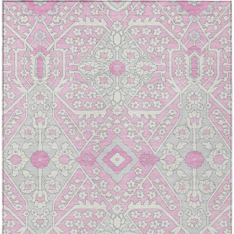 8' X 10' Pink Ivory And Gray Floral Washable Indoor Outdoor Area Rug