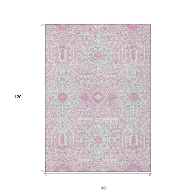 8' X 10' Pink Ivory And Gray Floral Washable Indoor Outdoor Area Rug