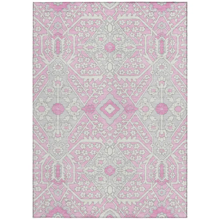 9' X 12' Pink Ivory And Gray Floral Washable Indoor Outdoor Area Rug
