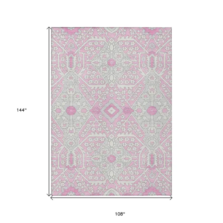 9' X 12' Pink Ivory And Gray Floral Washable Indoor Outdoor Area Rug