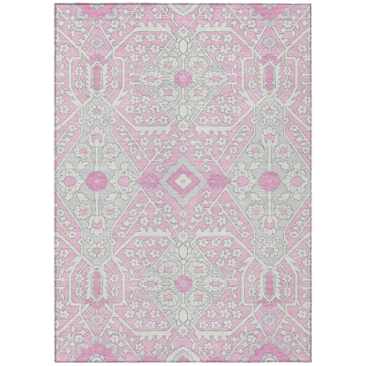 9' X 12' Pink Ivory And Gray Floral Washable Indoor Outdoor Area Rug