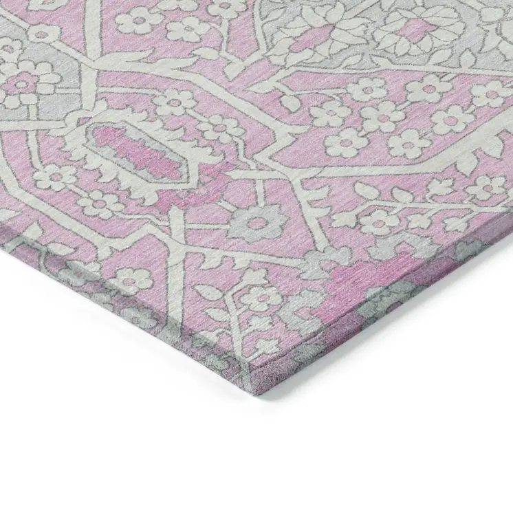 9' X 12' Pink Ivory And Gray Floral Washable Indoor Outdoor Area Rug