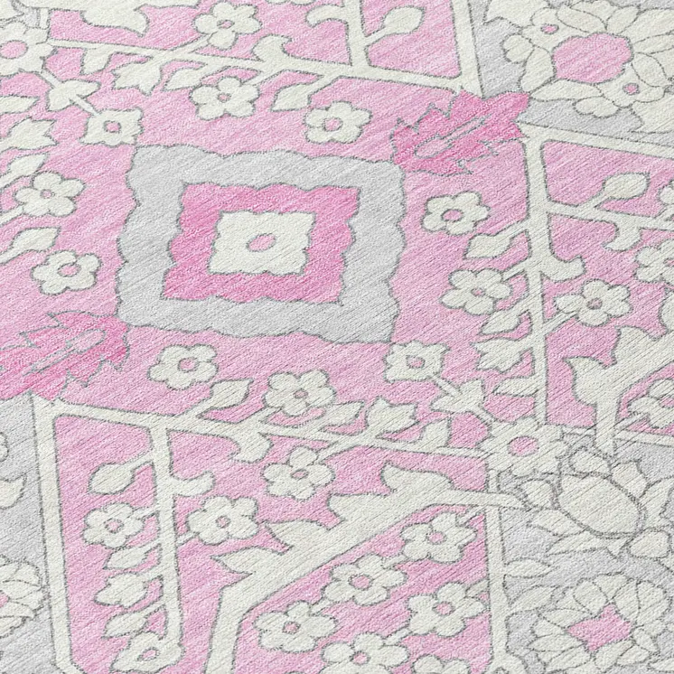 9' X 12' Pink Ivory And Gray Floral Washable Indoor Outdoor Area Rug