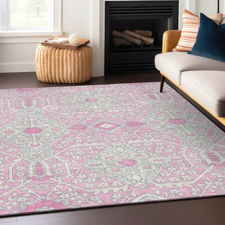 9' X 12' Pink Ivory And Gray Floral Washable Indoor Outdoor Area Rug