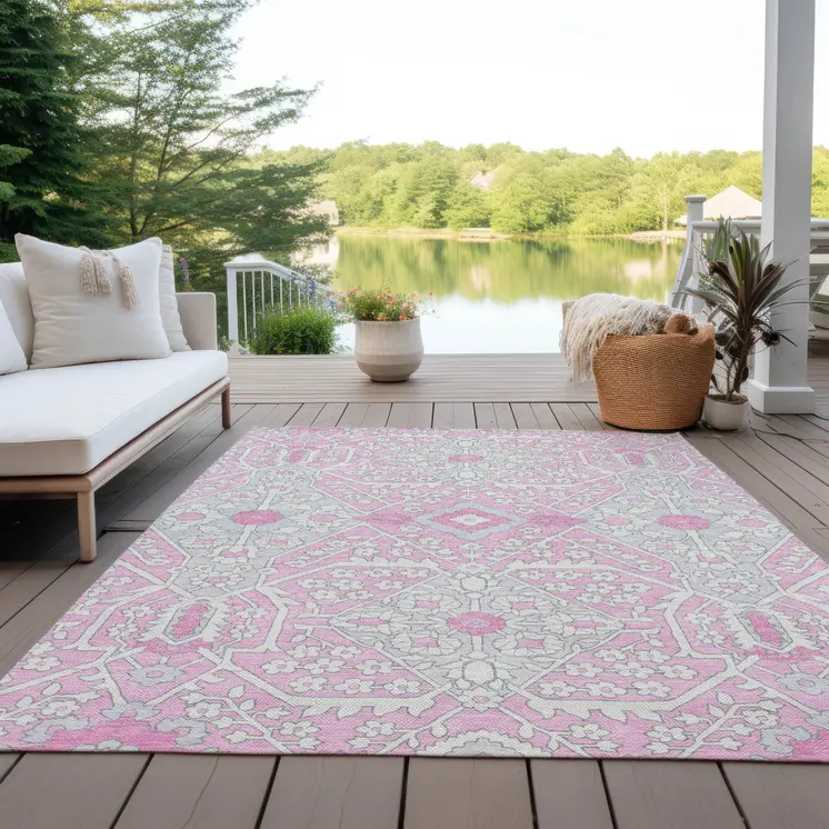 10' X 14' Pink Ivory And Gray Floral Washable Indoor Outdoor Area Rug