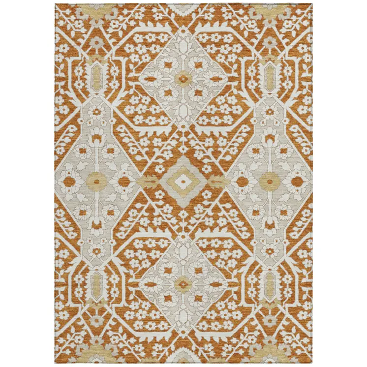 3' X 5' Orange Beige And Gold Floral Washable Indoor Outdoor Area Rug