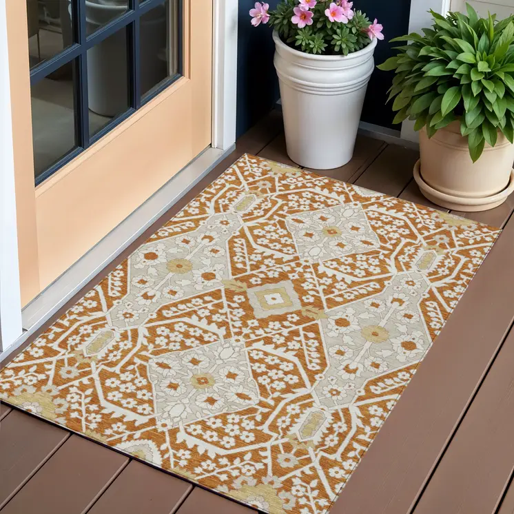 3' X 5' Orange Beige And Gold Floral Washable Indoor Outdoor Area Rug