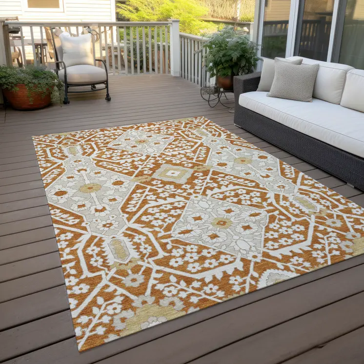 3' X 5' Orange Beige And Gold Floral Washable Indoor Outdoor Area Rug