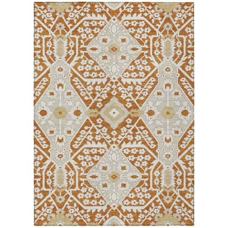 3' X 5' Orange Beige And Gold Floral Washable Indoor Outdoor Area Rug