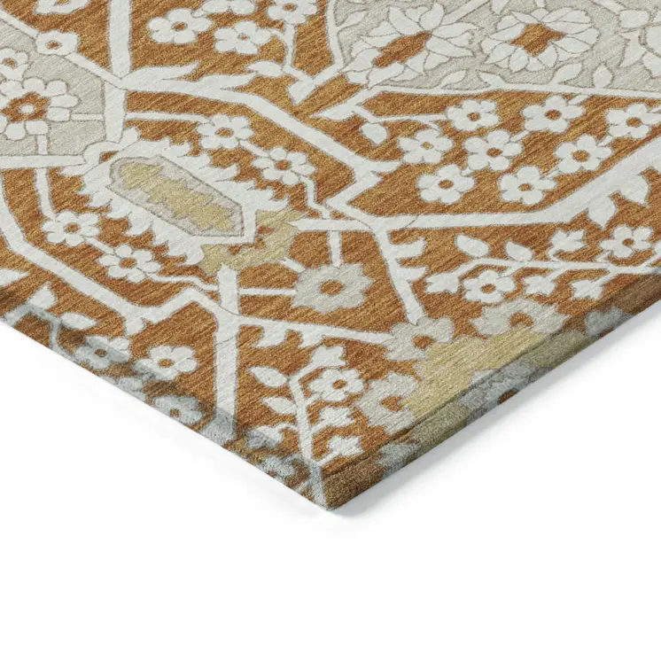 3' X 5' Orange Beige And Gold Floral Washable Indoor Outdoor Area Rug