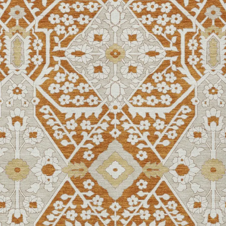 3' X 5' Orange Beige And Gold Floral Washable Indoor Outdoor Area Rug