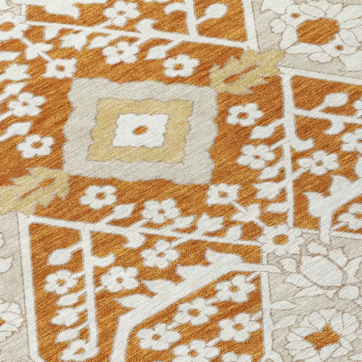 3' X 5' Orange Beige And Gold Floral Washable Indoor Outdoor Area Rug