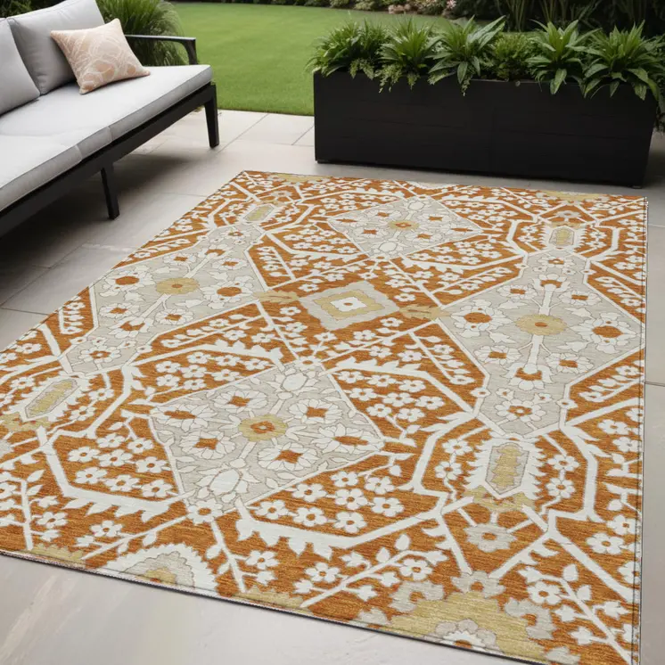 5' X 8' Orange Beige And Gold Floral Washable Indoor Outdoor Area Rug