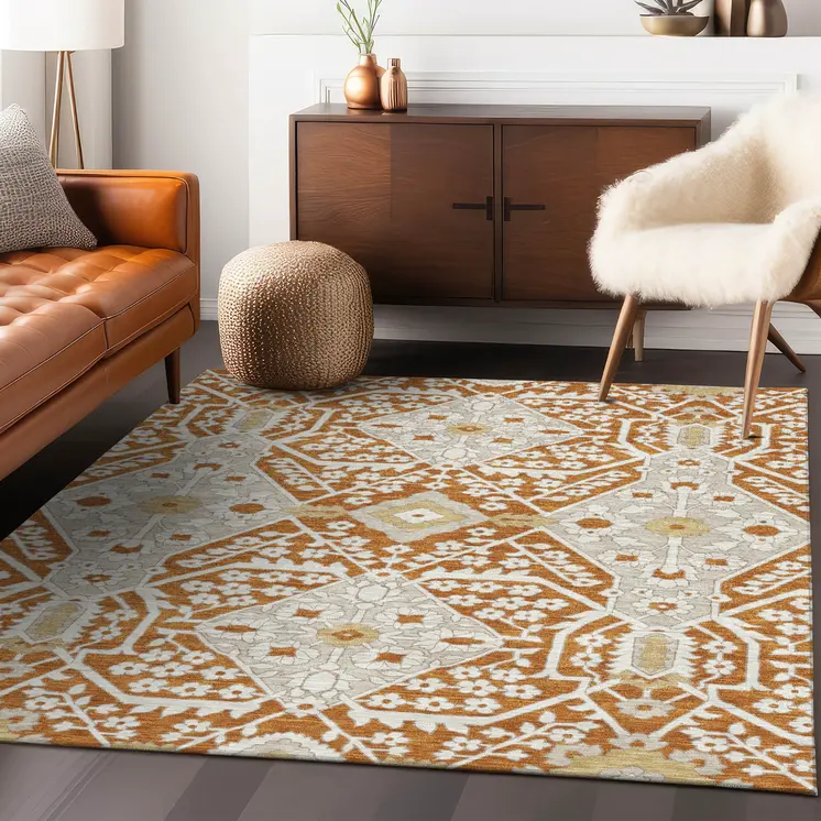 5' X 8' Orange Beige And Gold Floral Washable Indoor Outdoor Area Rug