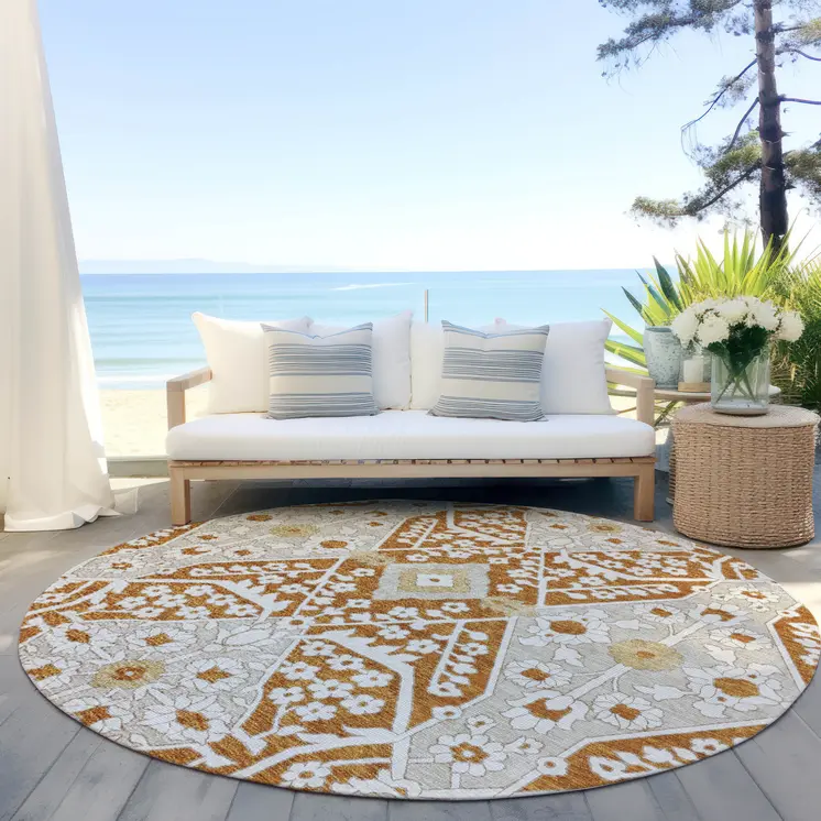 8' Orange Beige And Gold Round Floral Washable Indoor Outdoor Area Rug