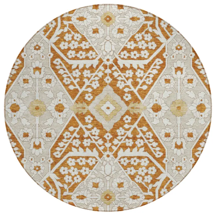 8' Orange Beige And Gold Round Floral Washable Indoor Outdoor Area Rug