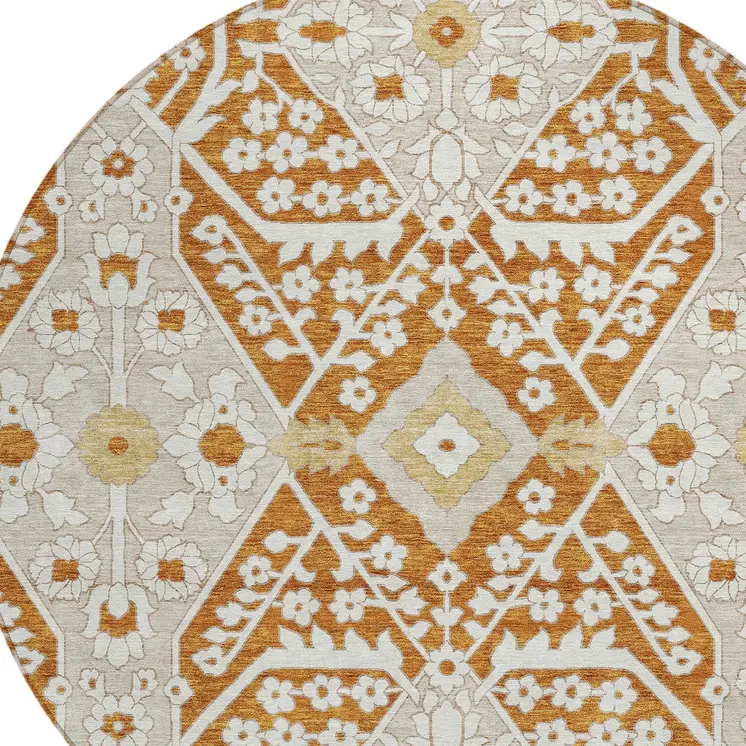 8' Orange Beige And Gold Round Floral Washable Indoor Outdoor Area Rug