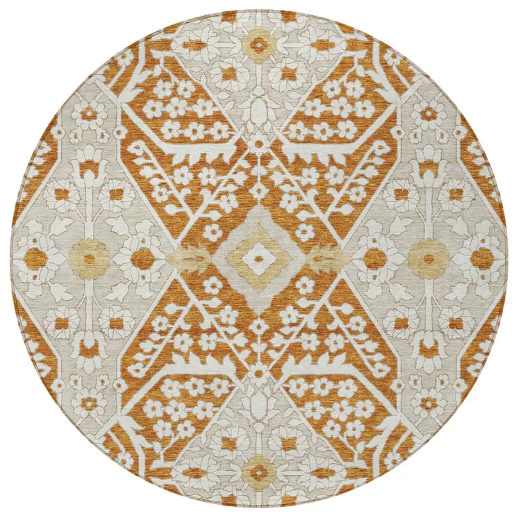 8' Orange Beige And Gold Round Floral Washable Indoor Outdoor Area Rug