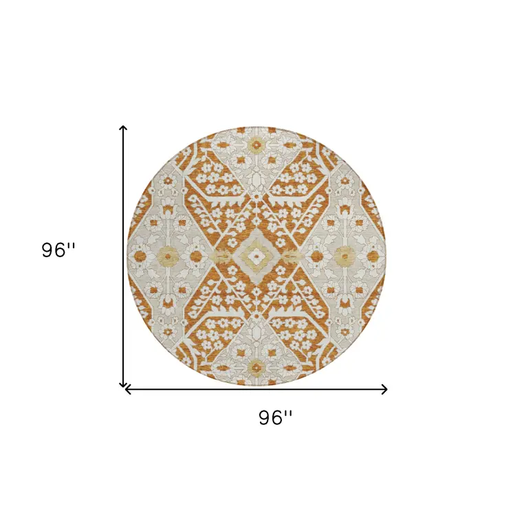 8' Orange Beige And Gold Round Floral Washable Indoor Outdoor Area Rug