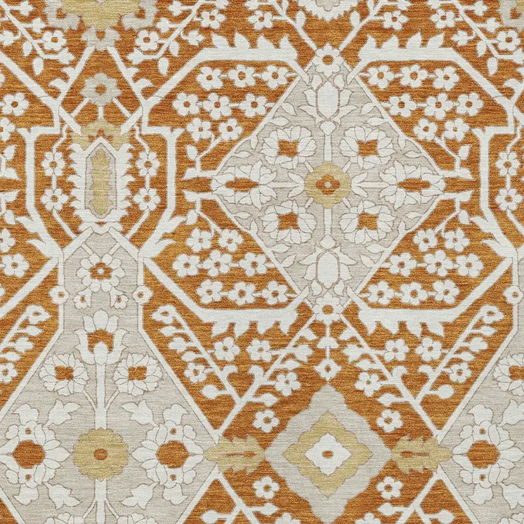9' X 12' Orange Beige And Gold Floral Washable Indoor Outdoor Area Rug