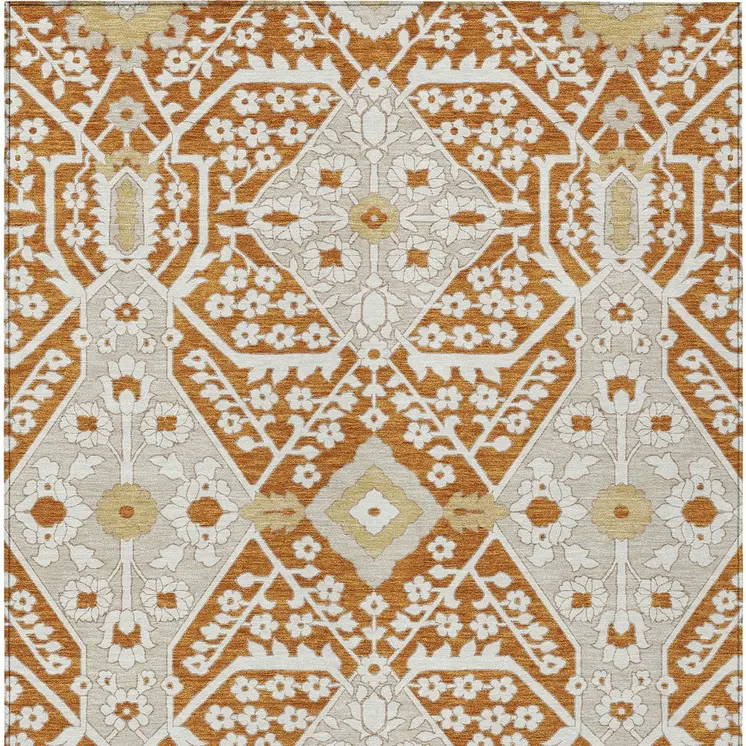 10' X 14' Orange Beige And Gold Floral Washable Indoor Outdoor Area Rug